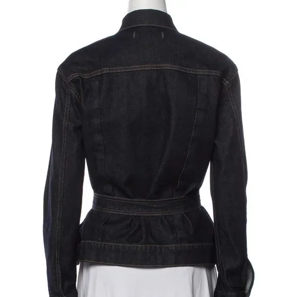 Trave Blue Pointed Collar Flap Pockets Button Closure Belted Denim Jacket Small - Picture 3 of 12